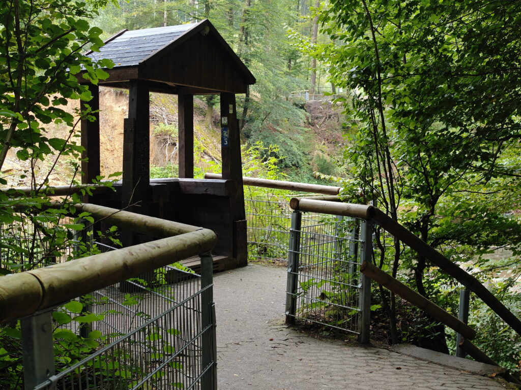 Die ehemalige Brücke aus Holz ist heute ein Aussichtspunkt am Ufer